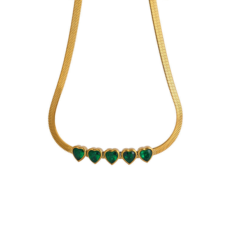 Wholesale Heart Green Zircon Titanium Steel Necklaces