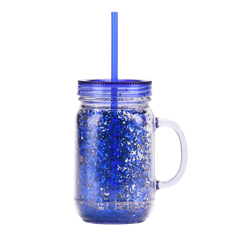 Wholesale Transparent Glitter Plastic Canned Cup with Handle Double Layer Plastic with Straw
