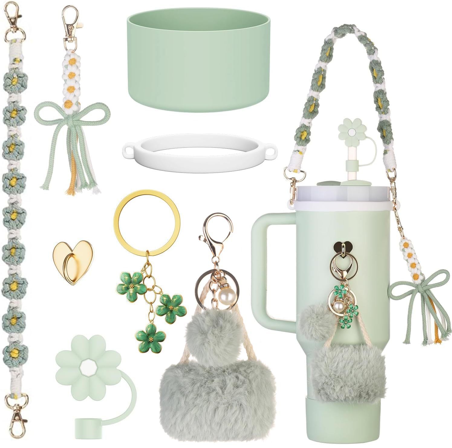 Wholesale Water cup braided hand rope thermos cup chain love hook fur ball key chain set