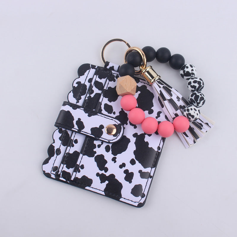 Wholesale Cartoon Cow Print Card Holder Wrist PU Keychain