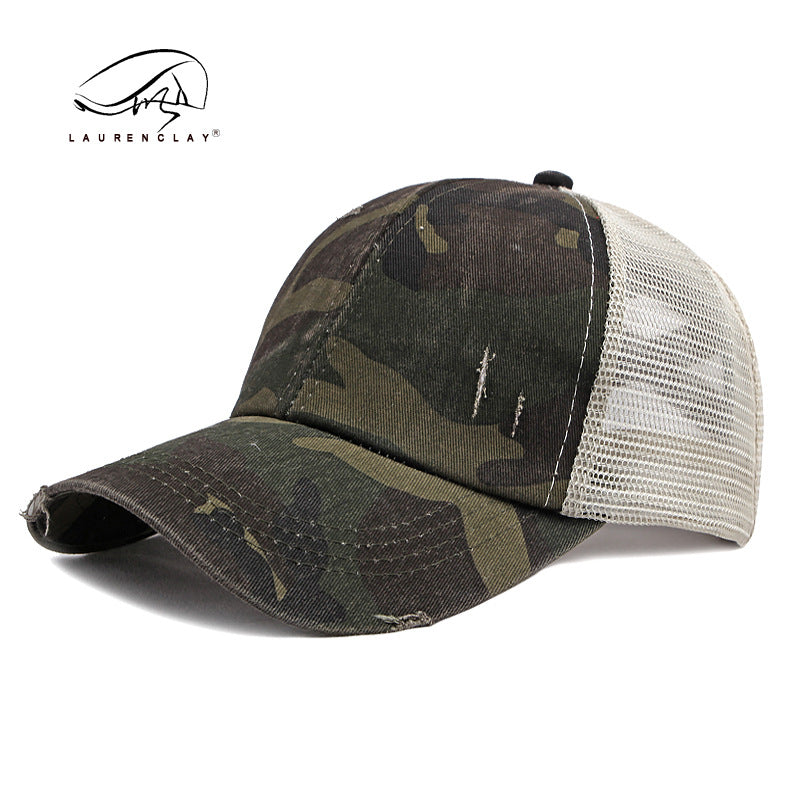 Wholesale Breathable Mesh Washed Distressed Crossover Ponytail Baseball Cap