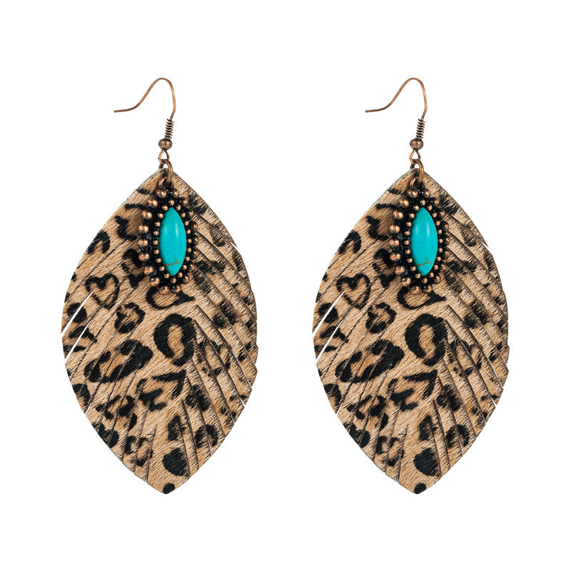Wholesale Natural horsehair and genuine leather tassel inlaid turquoise leopard print earrings