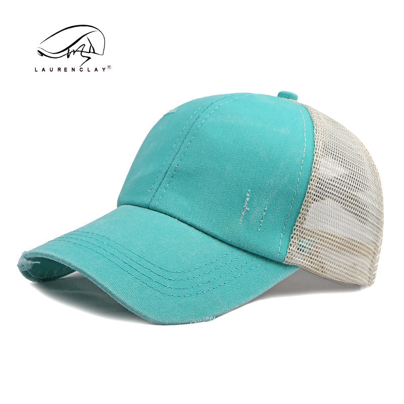 Wholesale Breathable Mesh Washed Distressed Crossover Ponytail Baseball Cap