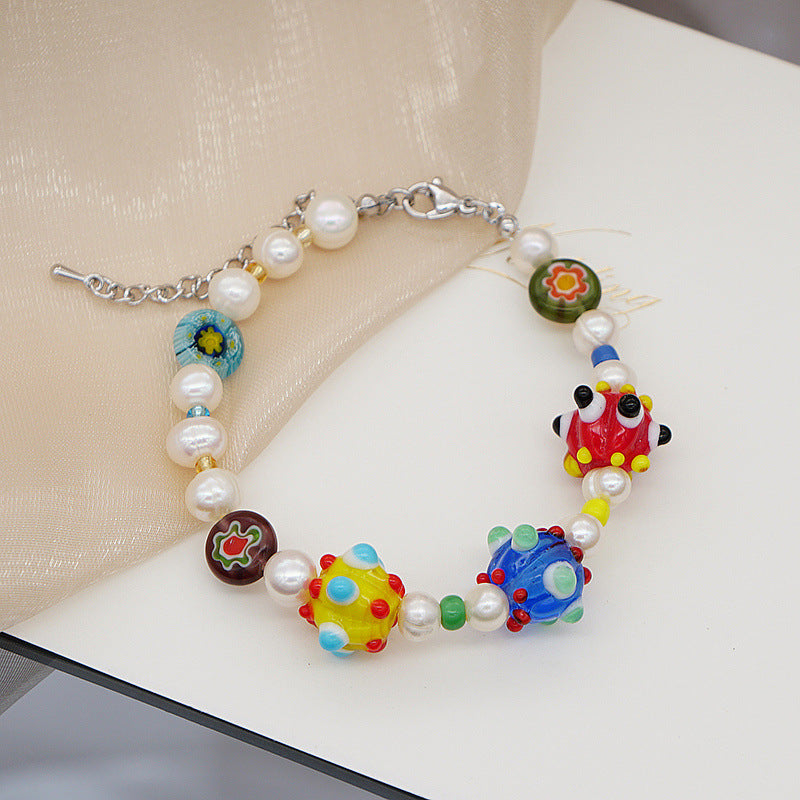 Wholesale Dopamine Candy Cube Freshwater Pearl Stitching Thousand Flower Glass Beads Bracelet
