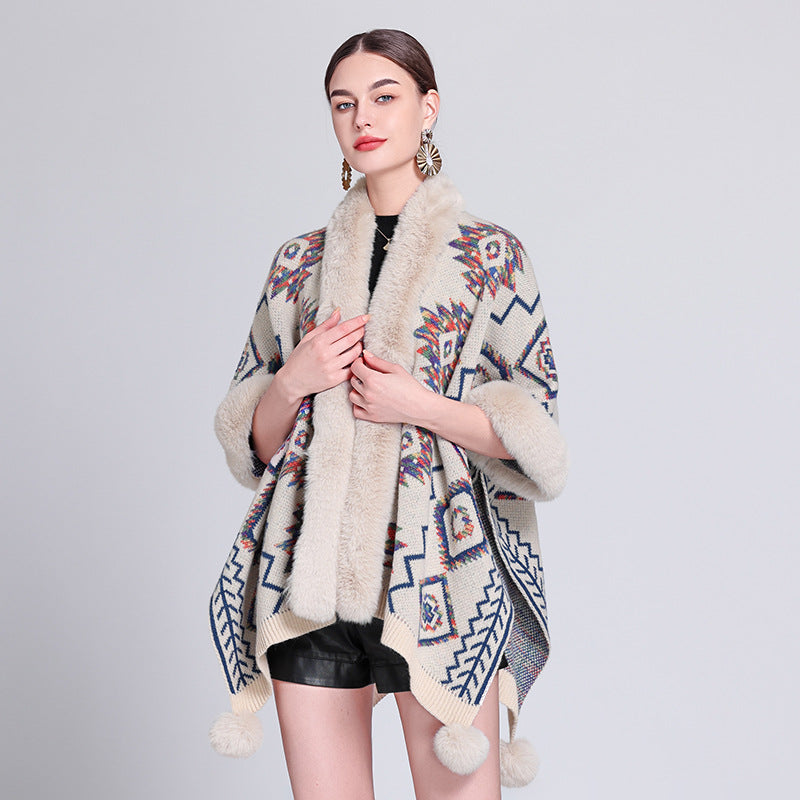 Wholesale Western Style Aztec Fur Ball Shawl Polyester Silk Cape Cape Cardigan Jacket