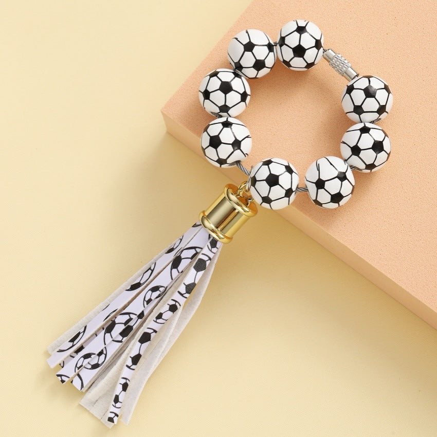 Wholesale Football Wooden Bead Bracelet Wrist Tassel Keychain