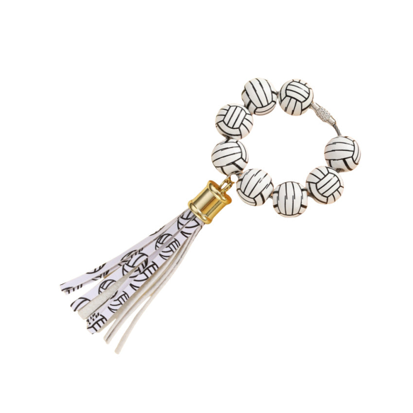 Wholesale Football Wooden Bead Bracelet Wrist Tassel Keychain