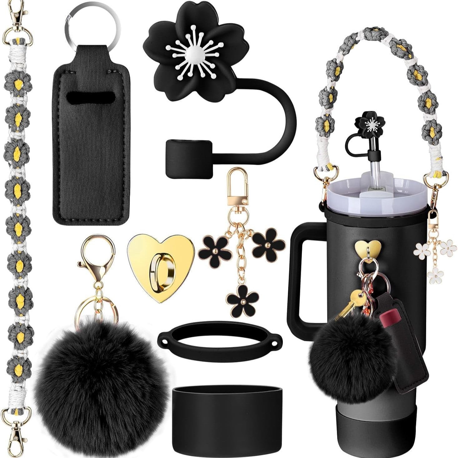 Wholesale Straw hat cup set cup chain colorful begonia flower key chain set