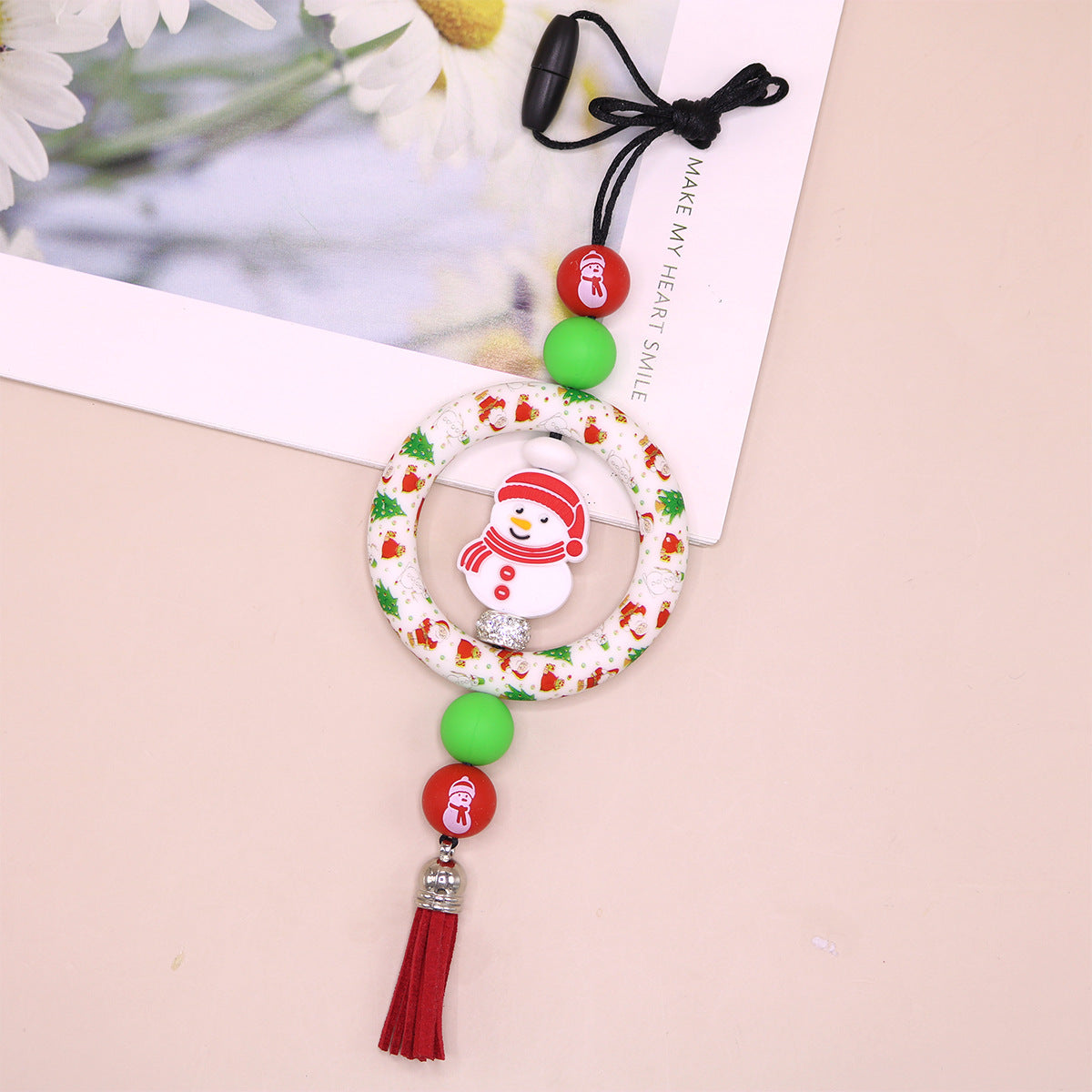 Wholesale Silicone Ring Keychain Christmas Cow Head Cross Flower Bead Pendant