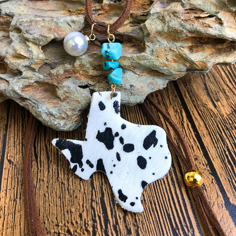 Wholesale 3pcs/pack Western Style Cow Pattern Cow Head Texas Map Leopard Print Turquoise Imitation Pearl Cowhide Leather Necklace