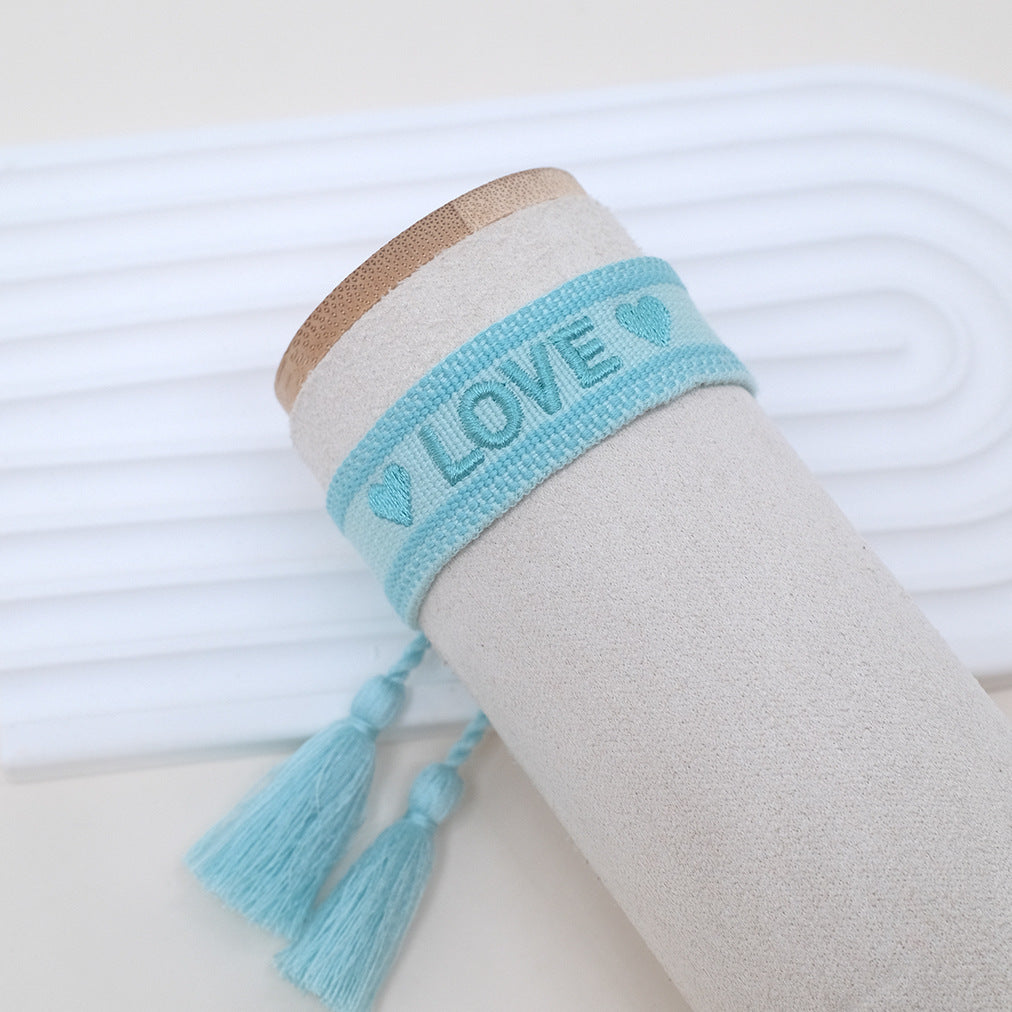 Wholesale Cord Embroiderable Logo Ethnic Style Letter Woven Tassel Bracelet