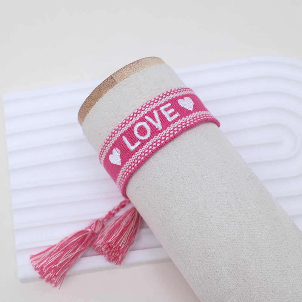 Wholesale Cord Embroiderable Logo Ethnic Style Letter Woven Tassel Bracelet