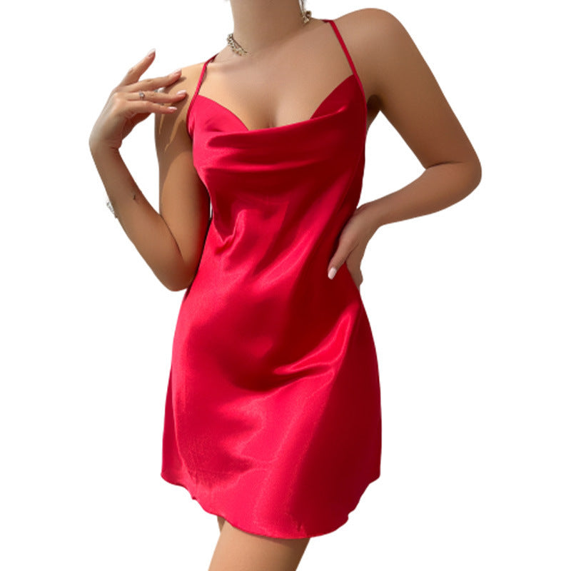 Wholesale Summer ice silk artificial silk satin suspender skirt mid-length sexy nightdress