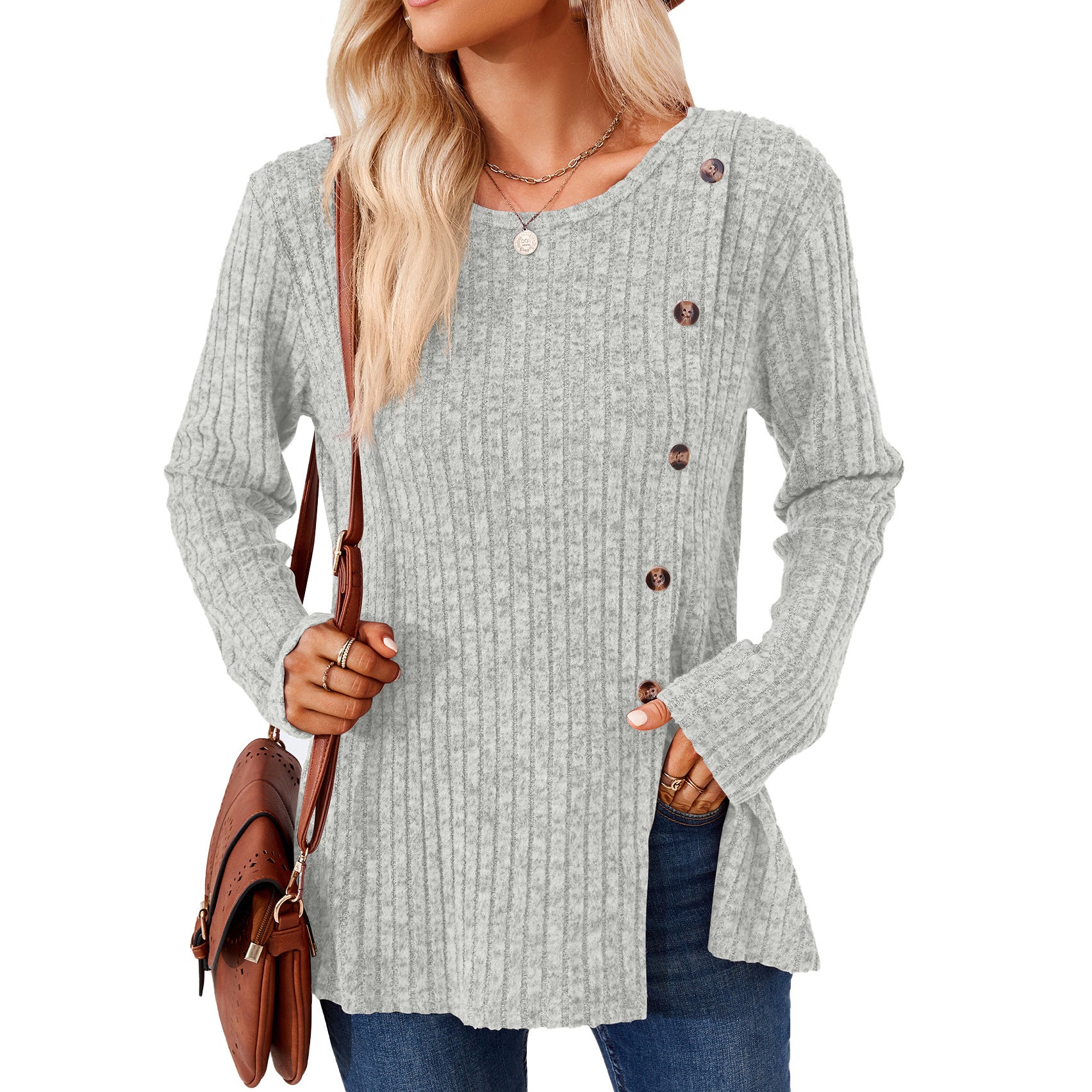 Wholesale Autumn and Winter Round Neck Solid Color Patchwork Button Long Sleeve Loose T-shirt
