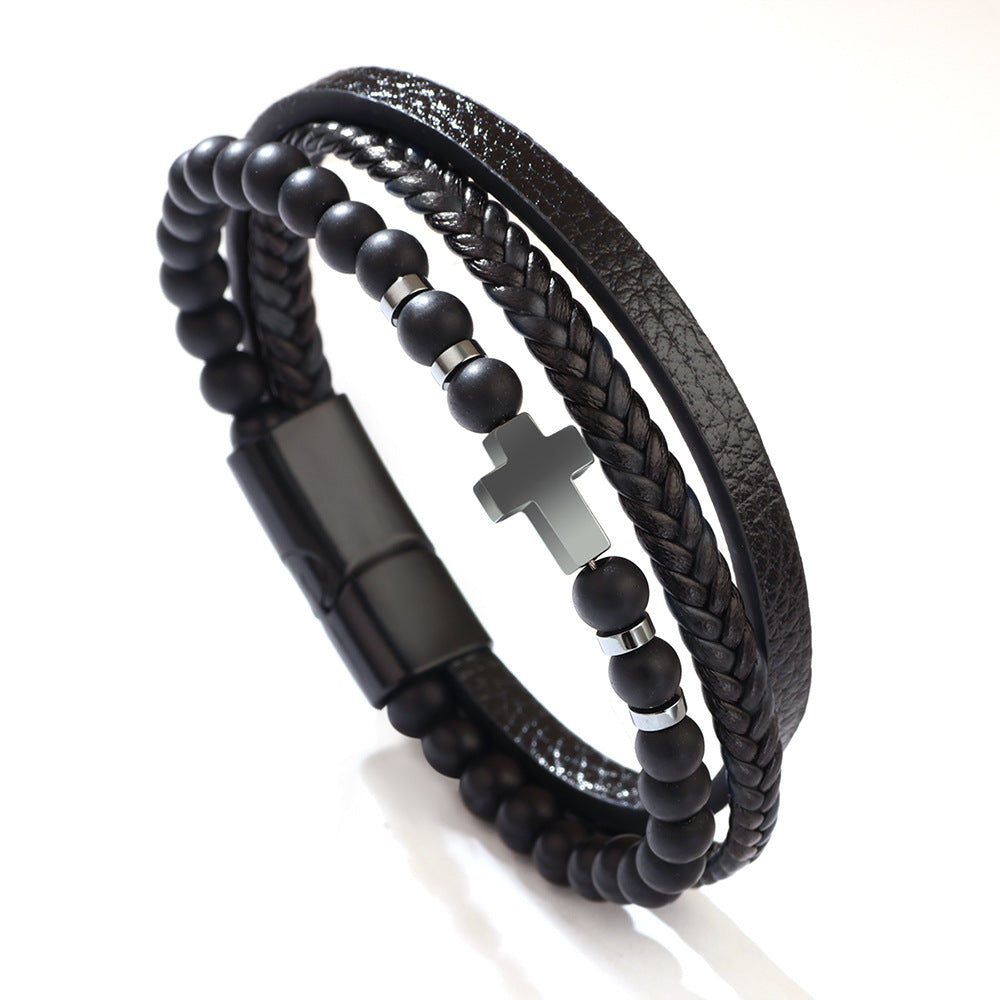 Wholesale Cross Hematite Frosted Stone Braided Bracelet