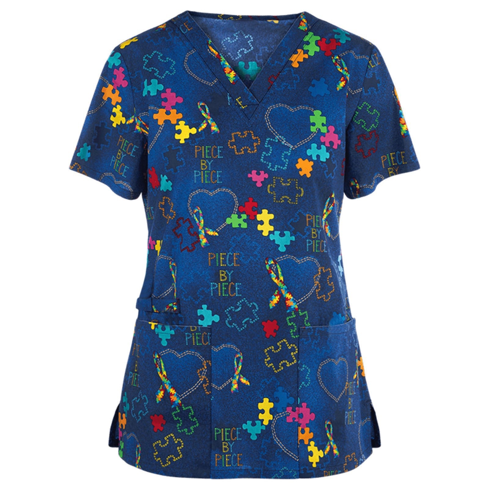 Wholesale Women's V-neck Cartoon Printed Pockets Polyester Work Clothes