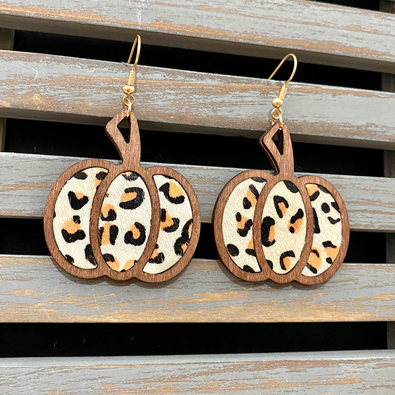 Wholesale Halloween Pumpkin Leopard Pattern Hollowed Out Leather Earrings