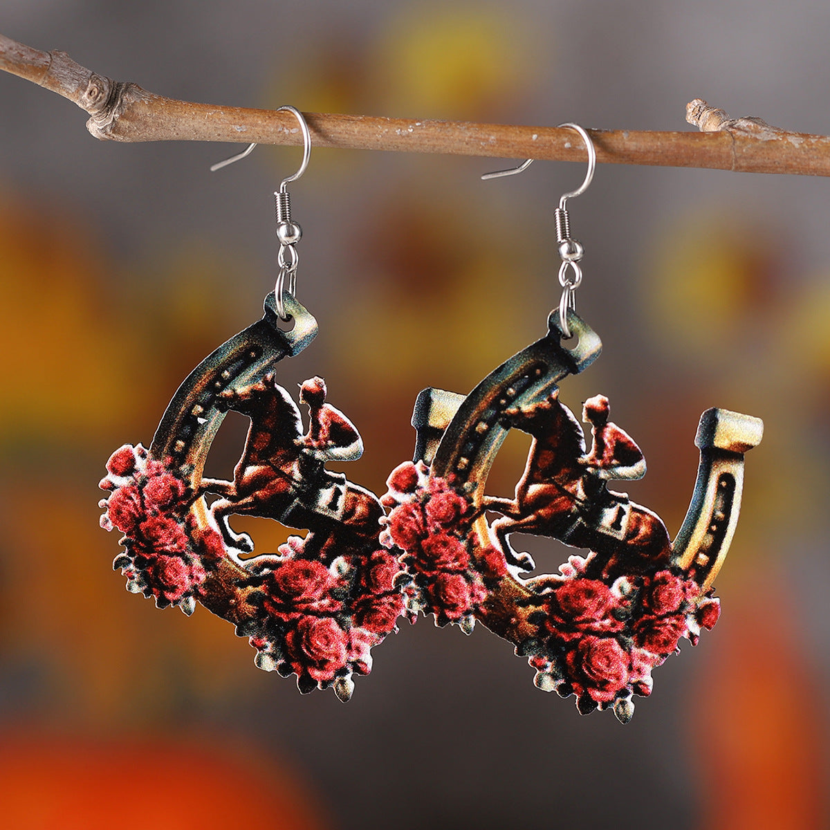 Wholesale Western wind rose flower horseshoe racing wooden double-sided earrings
