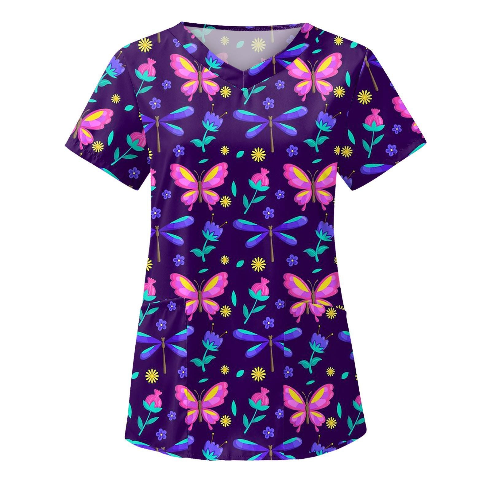 Wholesale Women's 3D Printed V-neck Pocket Polyester Short Sleeved Work Clothes