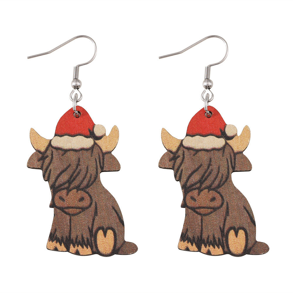 Wholesale Christmas Western Style Mountain Cow Wood Double-Sided Earrings
