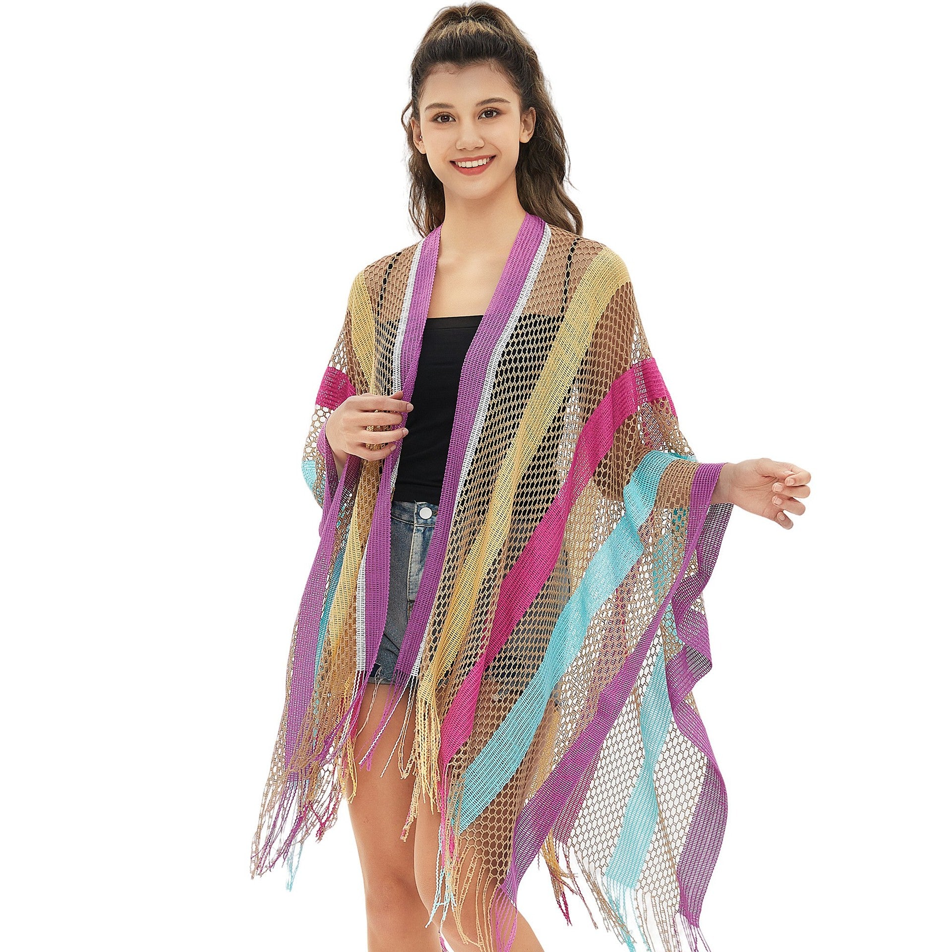 Wholesale Ladies Travel Ethnic Wind Rainbow Stripes Summer Sunscreen Thin Hollow Shawl
