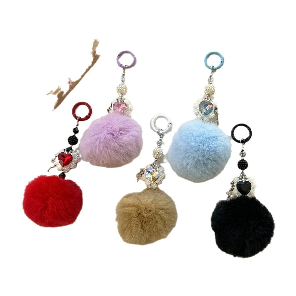Wholesale Hair Ball Heart-shaped Rose Diamond Ball Keychain