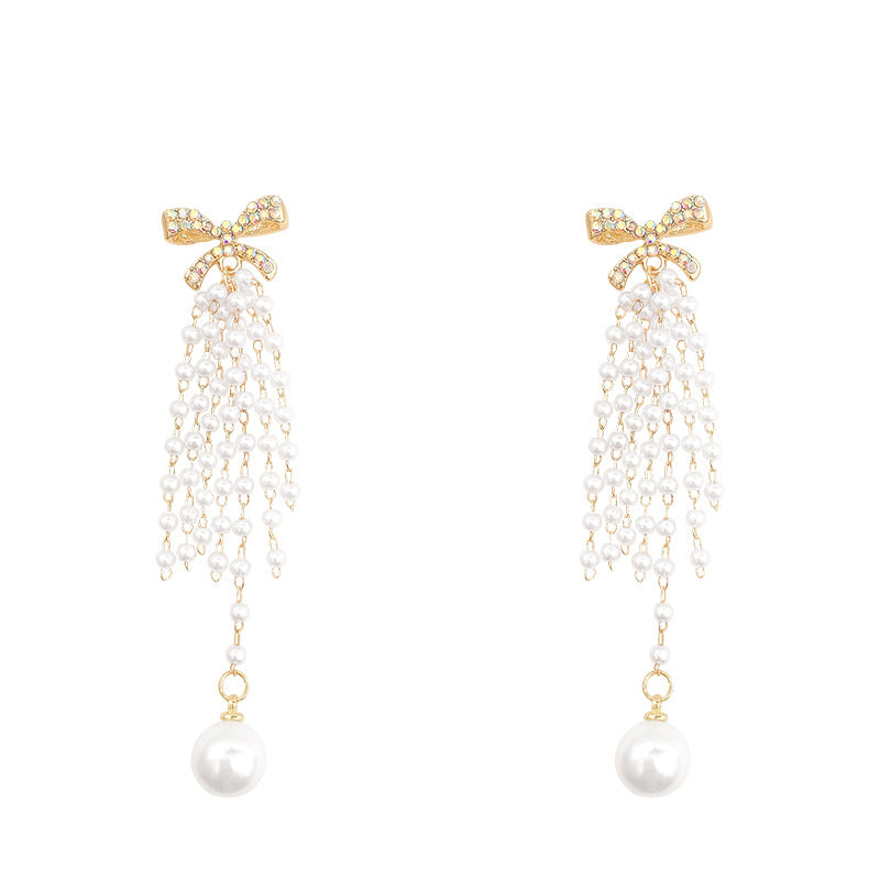 Wholesale Bow Knot Pearl Tassel Alloy Earrings