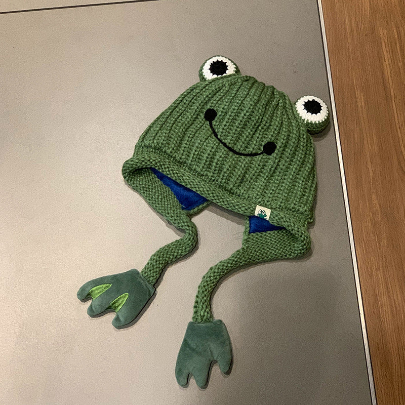 Wholesale Cute Frog Knitted Wool Hats with Plush Polyester Ear Protectors