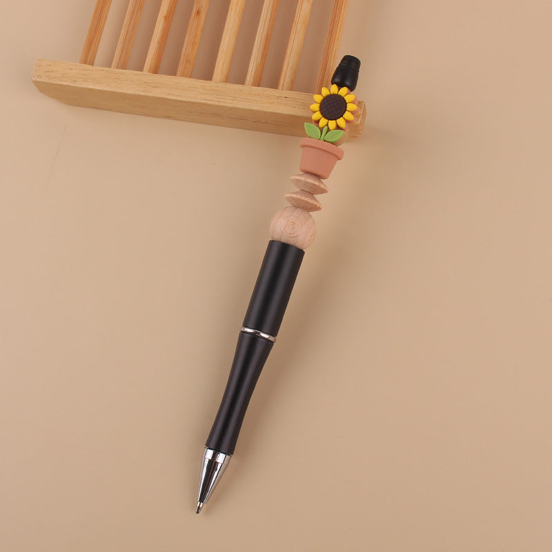 Wholesale Handmade Beadable Cartoon Sunflower Silicone Bead Wooden Bead Ballpoint Pen