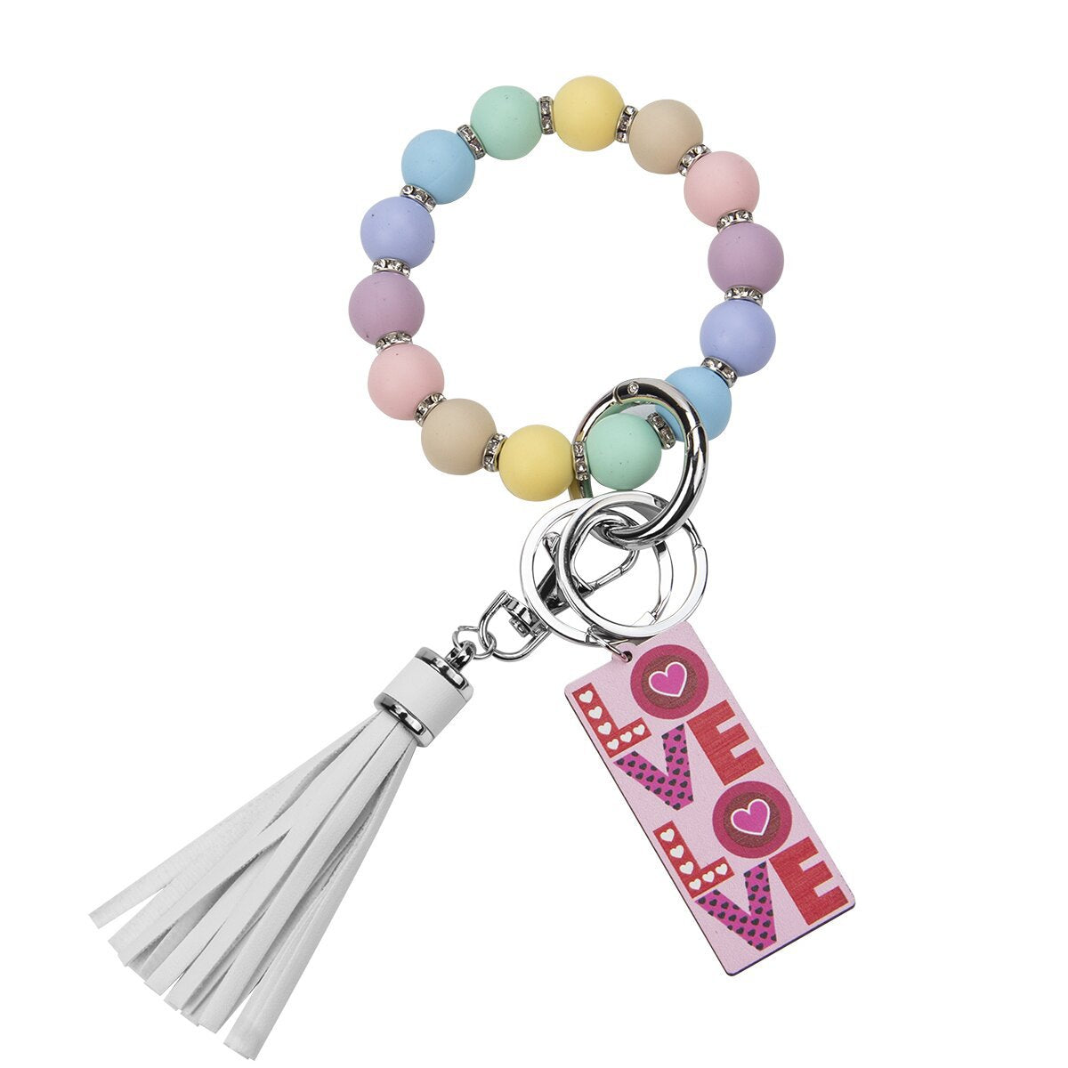Wholesale Valentine's Day LOVE Colorful Love Wood Silicone Beaded Wrist Keychain