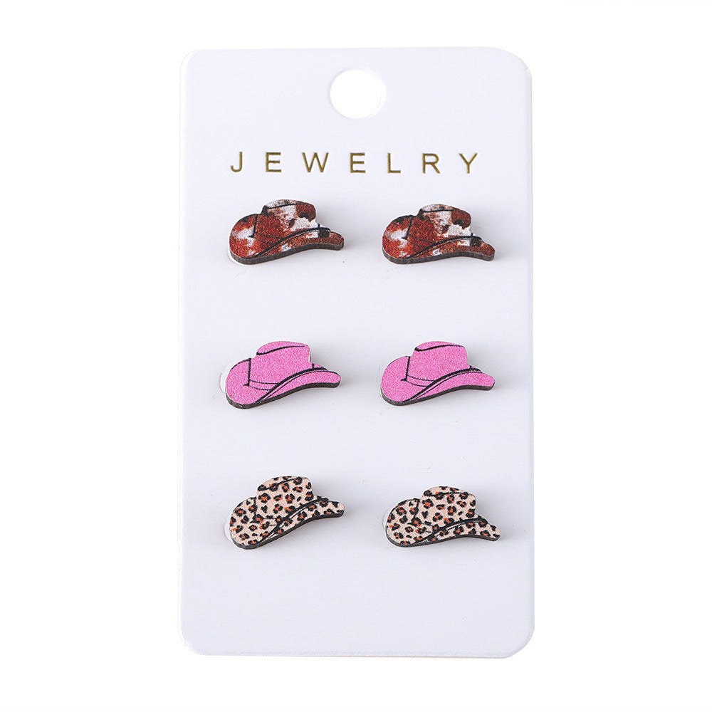Wholesale Western wind leopard print turquoise patterned denim hat wooden ear stud set