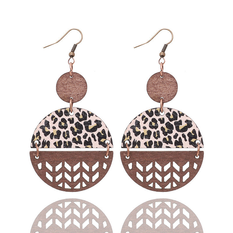 Wholesale Vintage Leopard Print Cross Hollow Wood Chip Round Earrings
