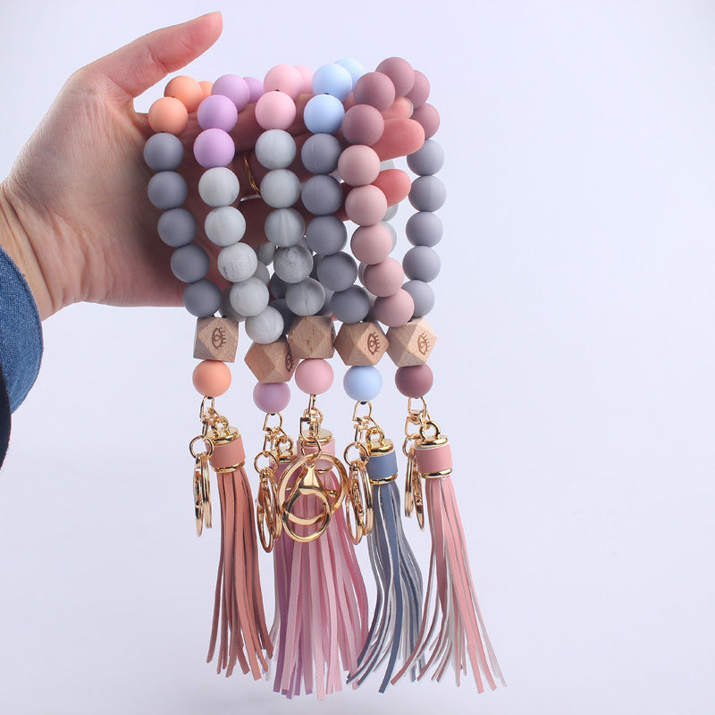 Wholesale Leopard Pattern Silicone Tassel Beaded Wrist Keychain
