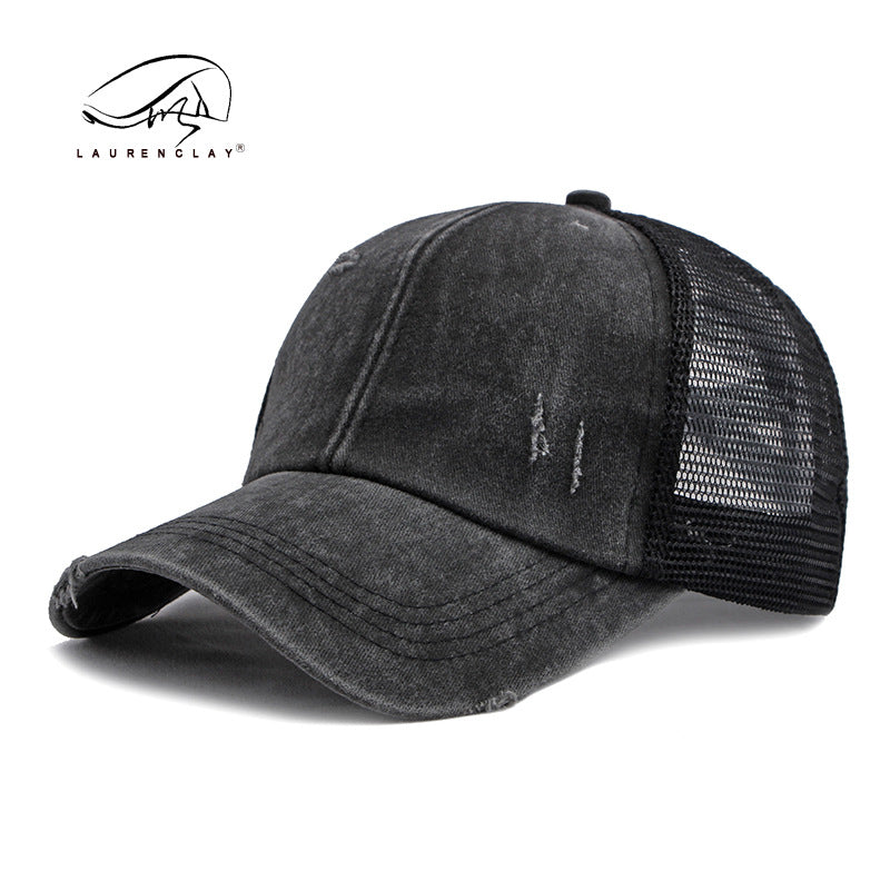 Wholesale Breathable Mesh Washed Distressed Crossover Ponytail Baseball Cap