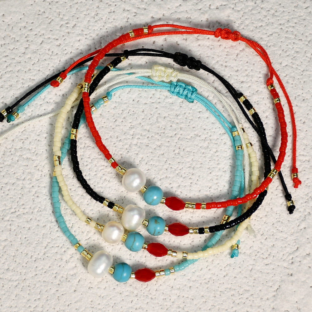 Wholesale Miyuki Millet Beads Handwoven Red String Freshwater Pearl Turquoise Bracelet