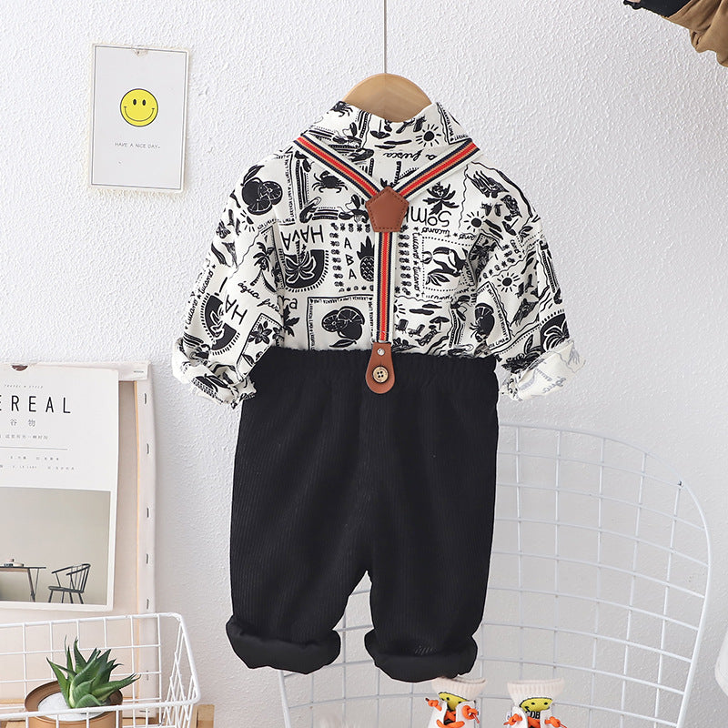 Wholesale Children's Cotton Casual Long Sleeved Shirt and Suspender Two-piece Set