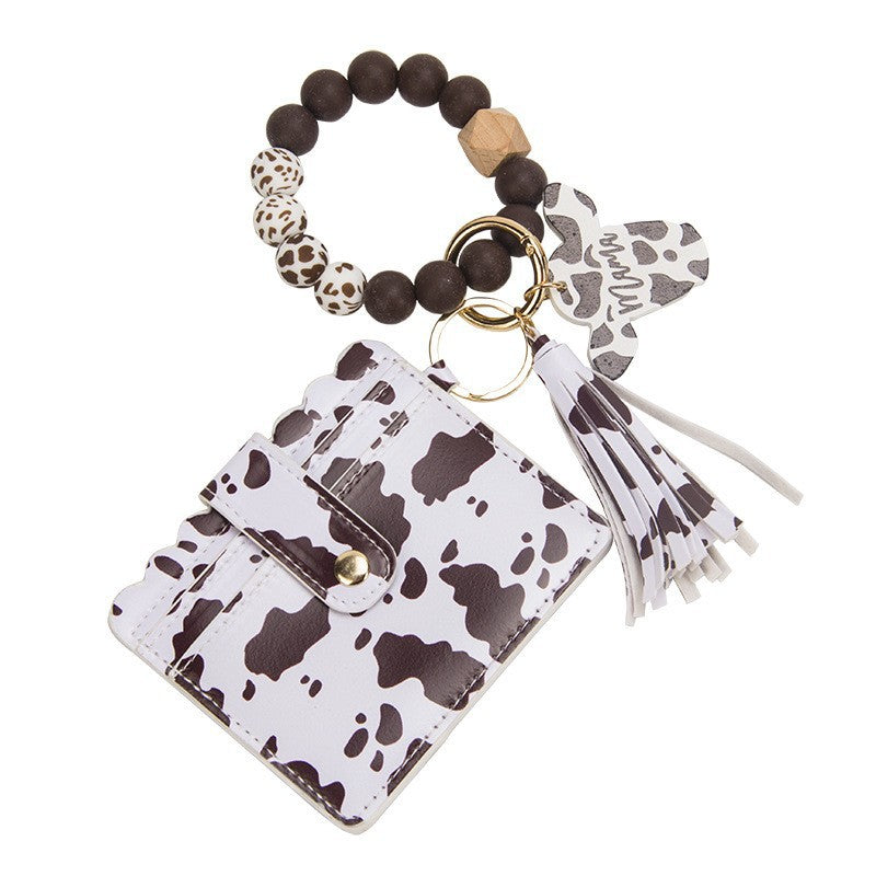 Wholesale Leopard Print Silicone Bead Bracelet Card Holder Ox Head Wood Chip Keychain
