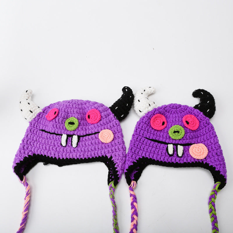 Wholesale Funny warm wool hat for women autumn and winter long braid green knitted pullover hat trendy thickened