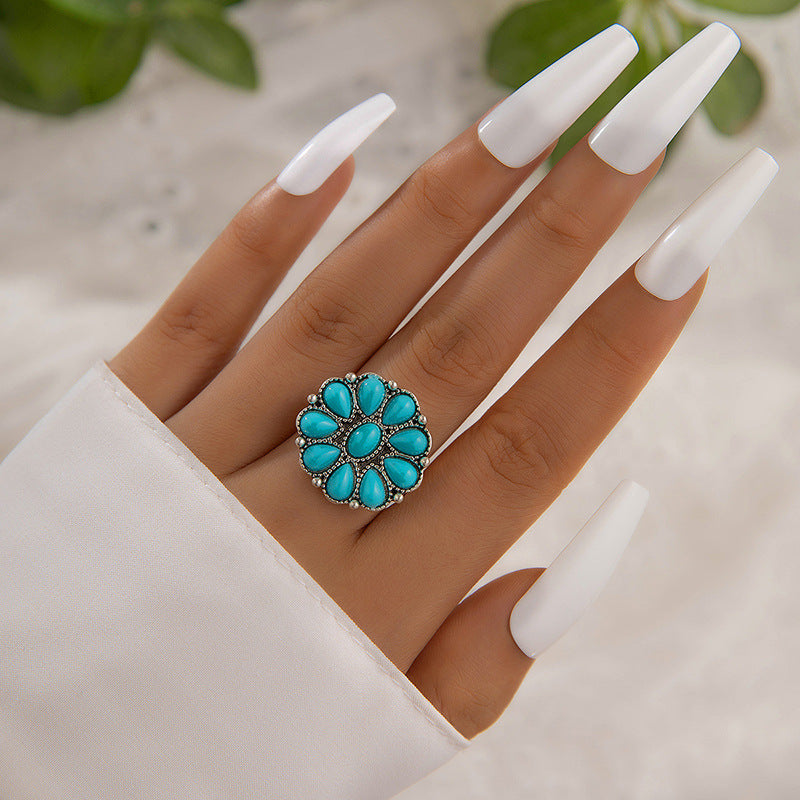 Wholesale 3sets Retro Ethnic Turquoise Rings7-piece/Set Elephant Geometric Graphic