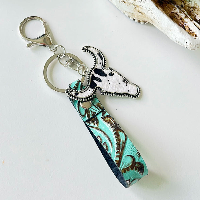 Wholesale West leather green fur bull head multicolor western keychain