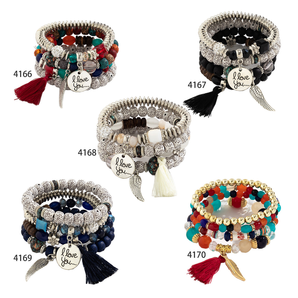 Wholesale Vintage Stacked Tassel Feather Bracelet Alloy Bracelet