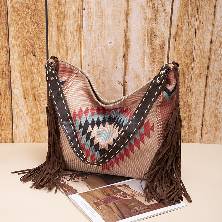 Wholesale Canvas Aztec Pattern Retro Handwoven Tassel Cotton Linen Shoulder Bag