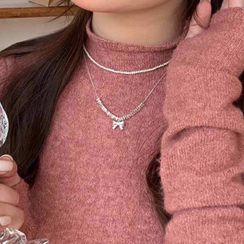 Wholesale broken silver bow necklace sweater chain copper necklace
