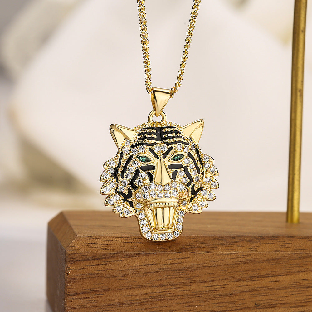 Wholesale ZirconThe Head of A Tiger Panther Pendant Gold Plated Neckplaces