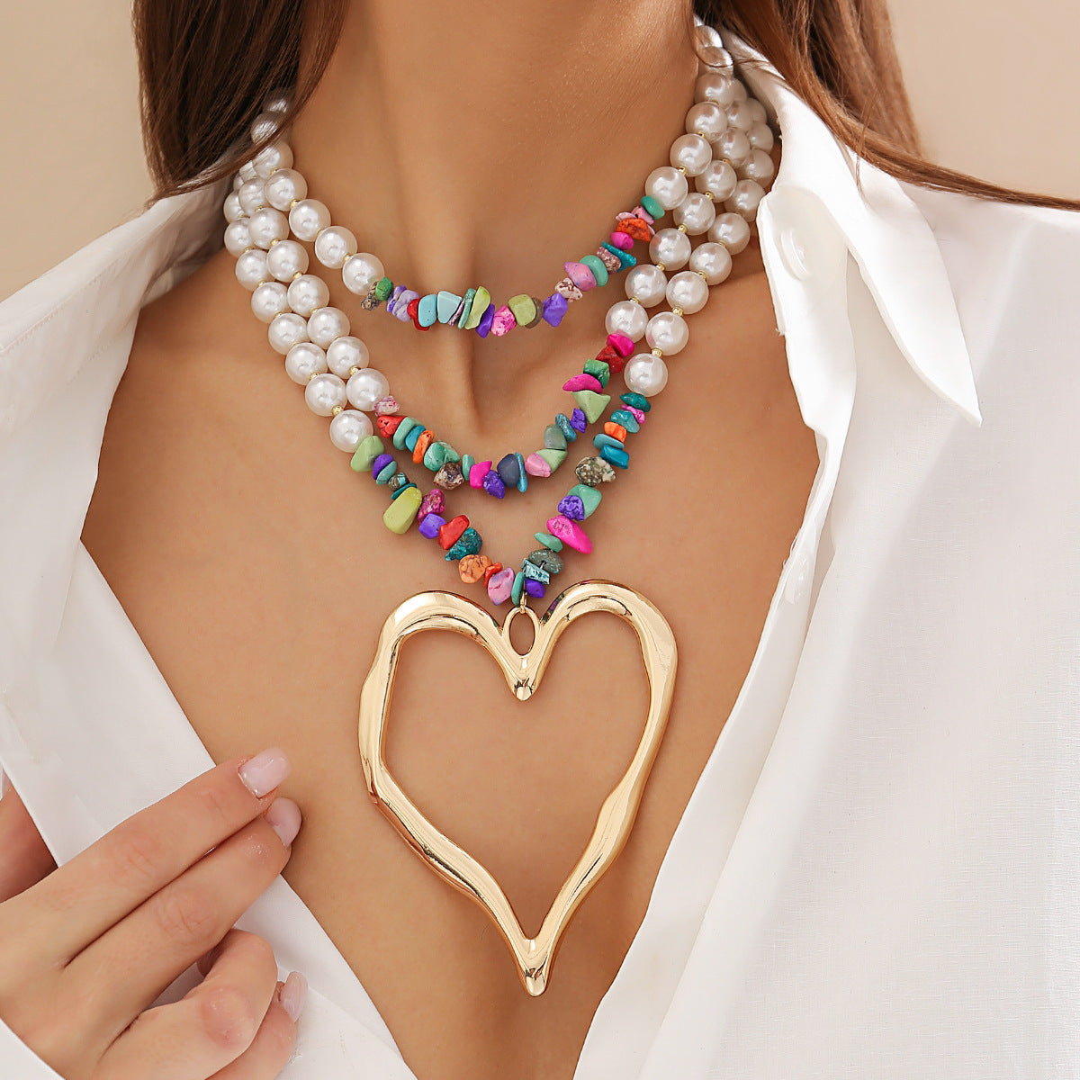 Wholesale Beaded Imitation Pearl Vintage Big Heart Turquoise Alloy Necklace