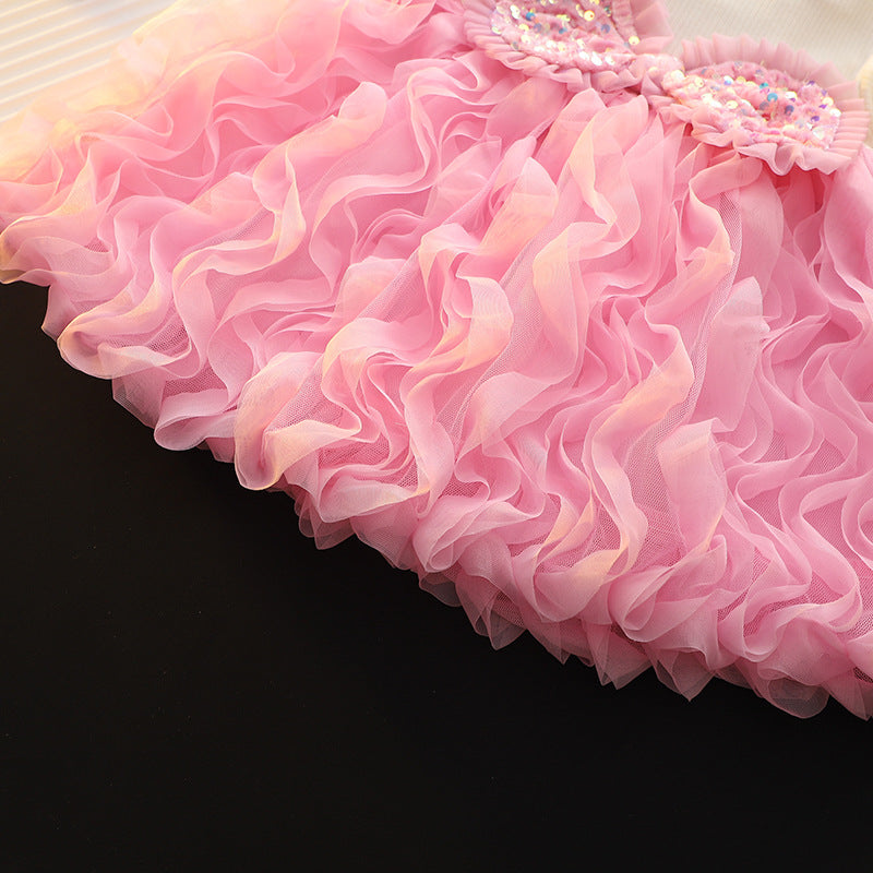 Wholesale Girls Autumn Fluffy Pink Mesh Round Neck Long Sleeved Princess Style Sweet Baby Clothes