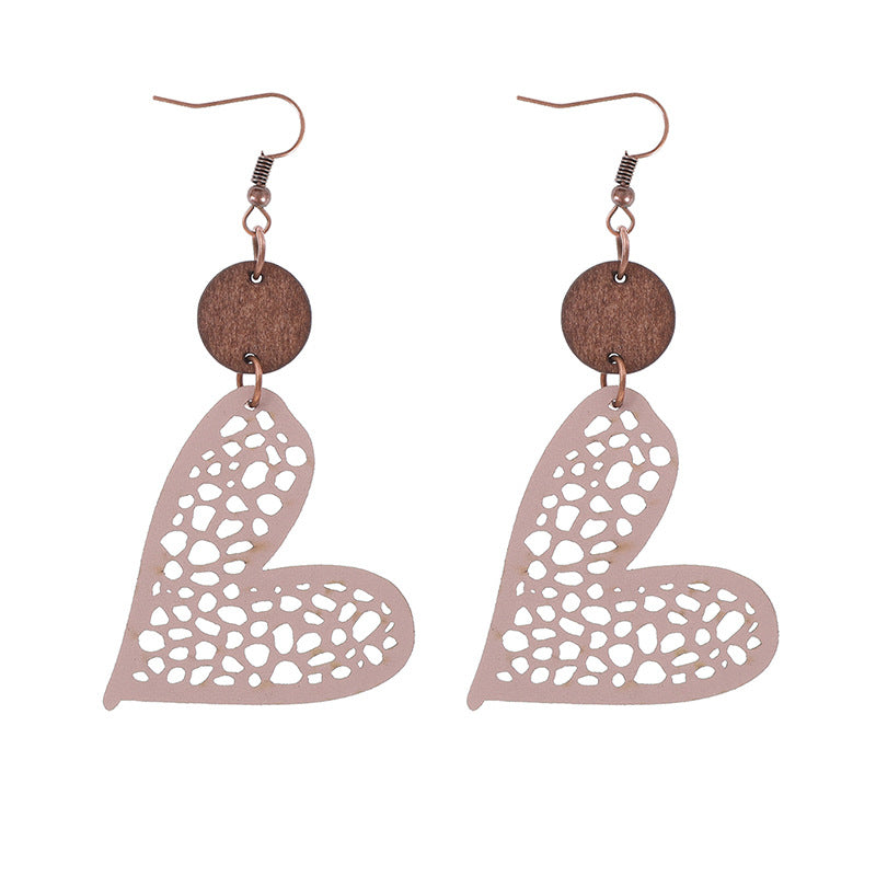Wholesale Fashion Valentine's Day Heart Wood Hollow Mesh Leather Earrings
