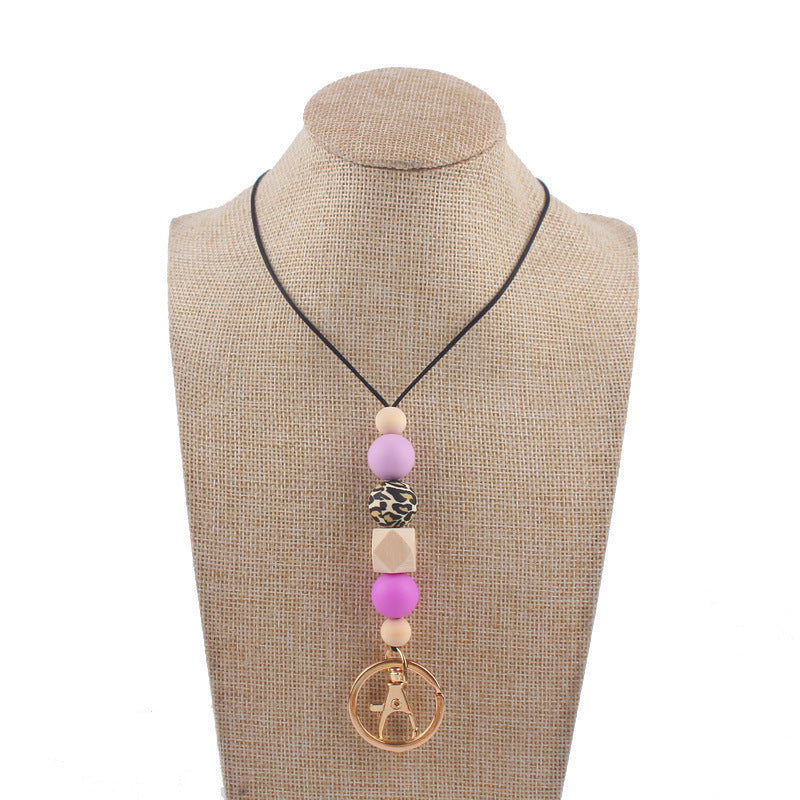 Wholesale Leopard Print Silicone Beaded Lanyard ID Keychain