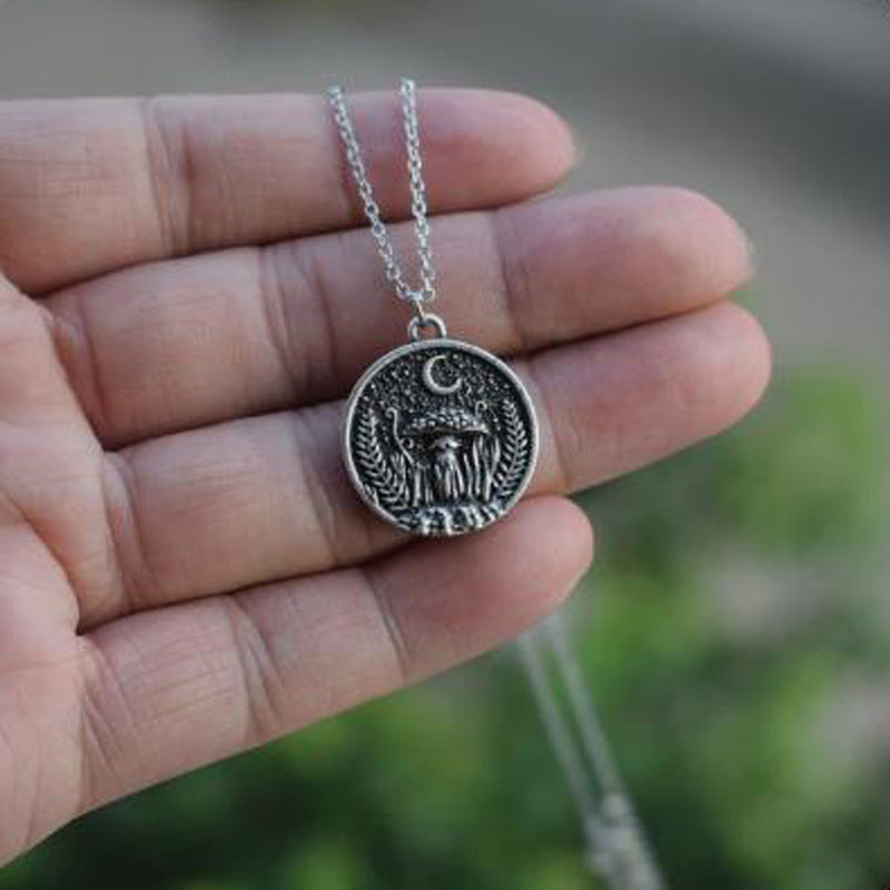 Wholesale Round charm mushroom and moon zinc  necklace ancient moon pendant