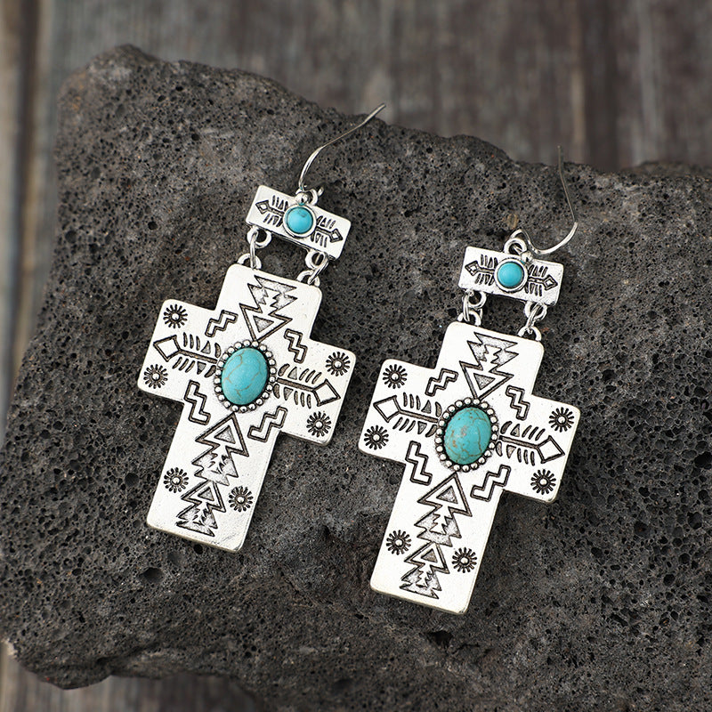 Wholesale Bohemian Retro Cross Inlaid Turquoise Long Alloy Ethnic Style Earrings
